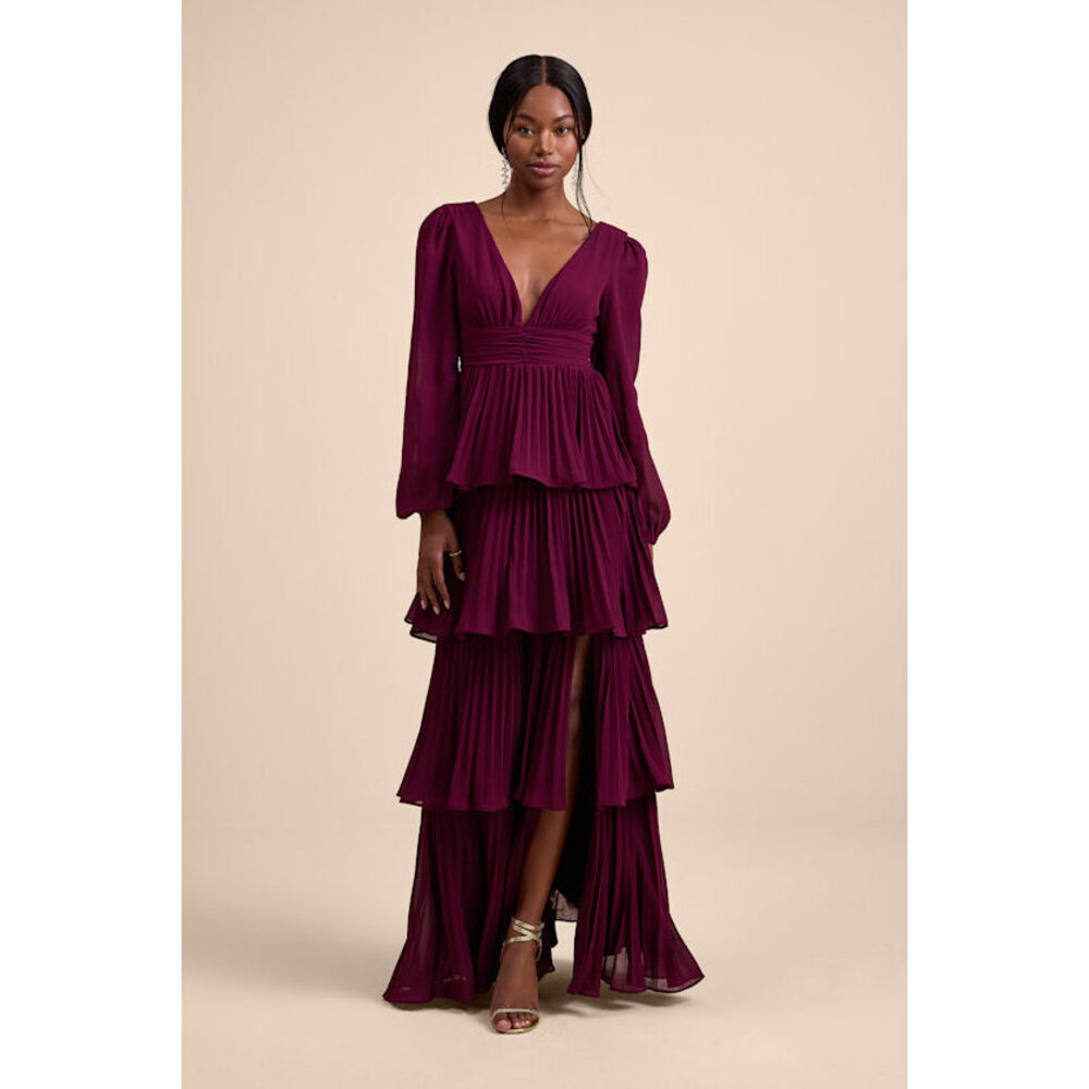 Lulus Graceful Finesse Plum Pleated Long Sleeve Maxi Dress Purple - Size M